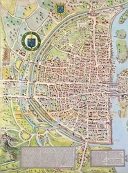 Detalje af højre bred, fra kortet over Paris ca. 1540, kendt som Plan de la Tapisserie, lavet som et gobelin ca. 1570, 1818 farvestik